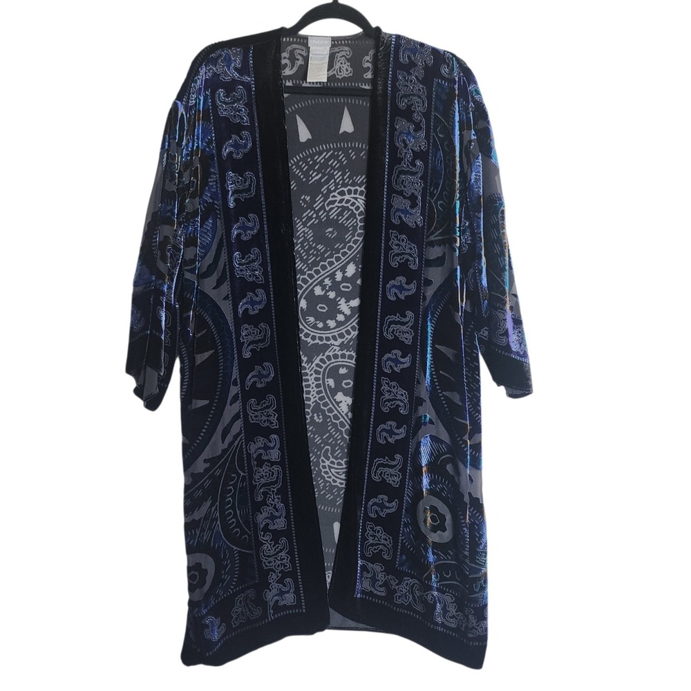 Chico's Blue Silk Blend Velvet Paisley Burnout Kimono Wrap Topper S/M